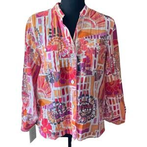 Ruby Rd. Floral Blouse Womens Size 6 Orange Pink Button Up Abstract Boho Top